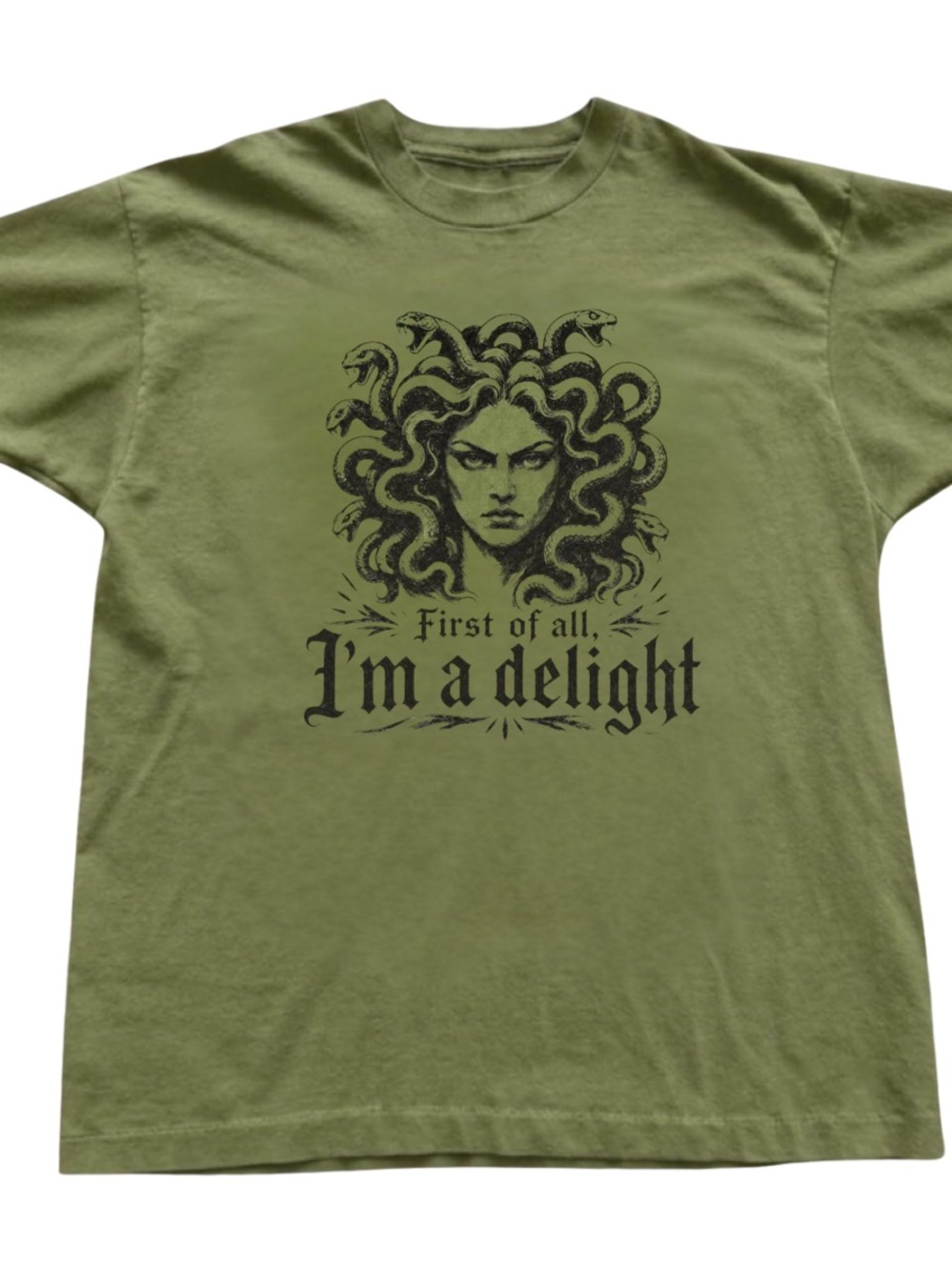 Military Green Graphic Short Sleeve Tee with Medusa Illustration